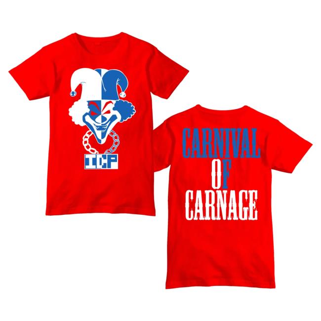 Official Icp Merch Clothing Store Insane Clown Posse 30 Years Carnival Of Carnage White & Blue Logo Red Shirt 2023